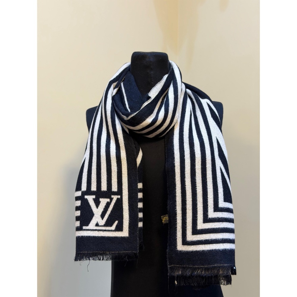 Louis Vuitton Striped Shawl Scarf Black White Logo Knit Fringe Designer Wrap